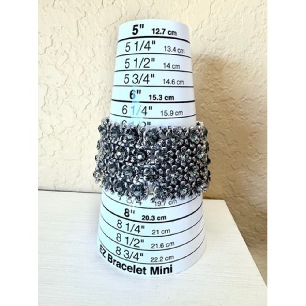 Floral Rhinestone Stretch Cuff Bracelet Silver Tone Wide Statement Resortwear - Picture 2 of 9